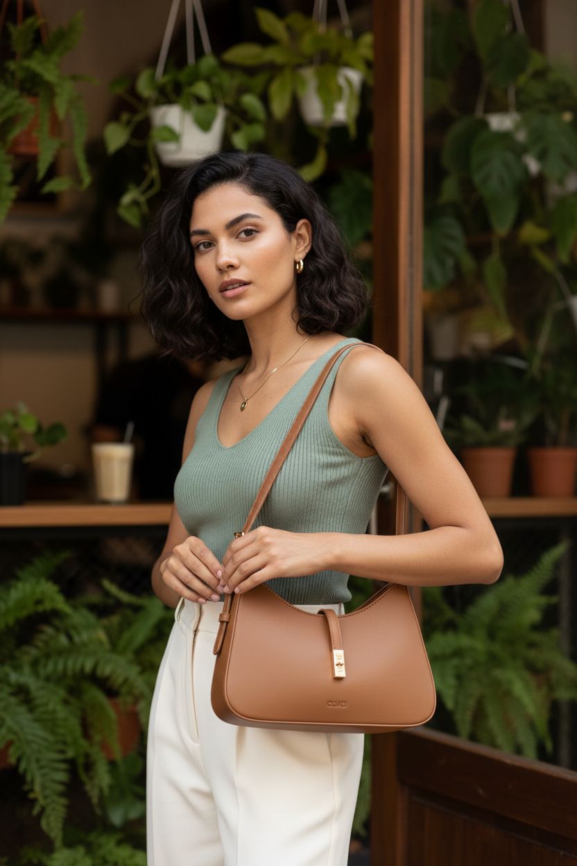 CLUCI brown crescent vegan shoulder bag styled with sage top and off-white trousers.
