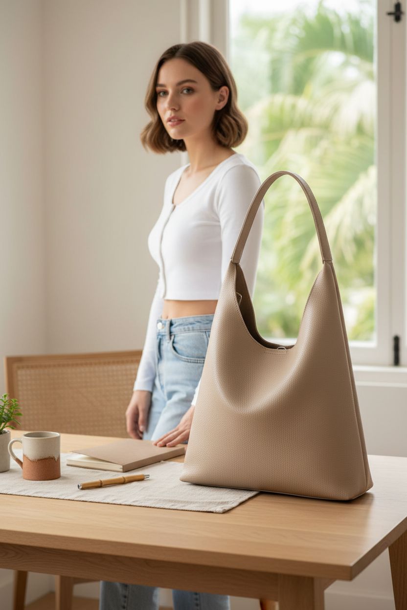 HOXIS vegan leather handbag resting in sunlit home office, highlighting its soft drape and style.