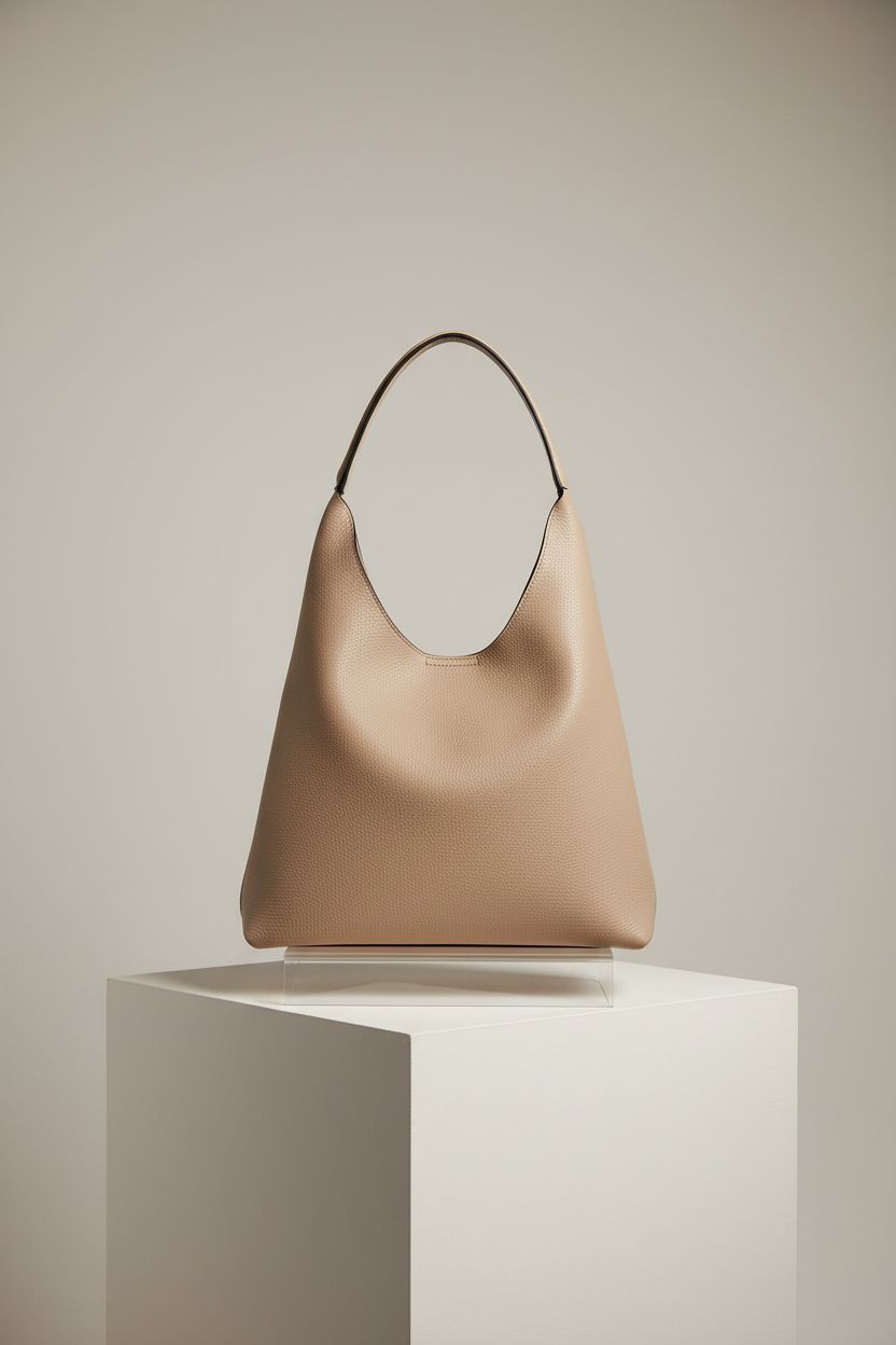 Product shot of HOXIS vegan leather hobo bag in nude on clean editorial set, emphasizing design.