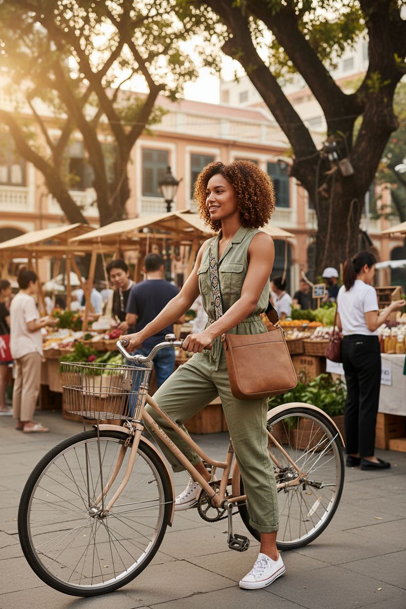 BOSTANTEN brown vegan leather crossbody bag on a bicycle at a farmers market