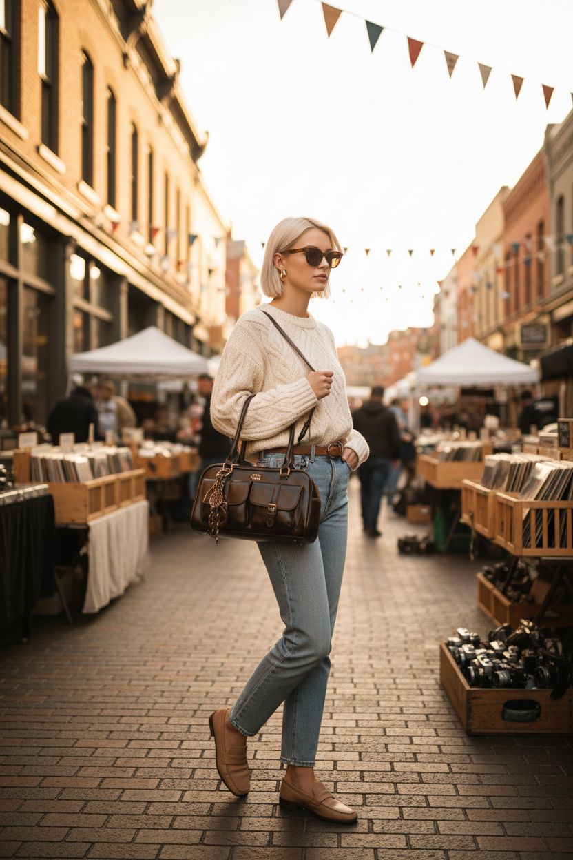 HICARRY dark brown shoulder bag with brass accents at a flea market during golden hour