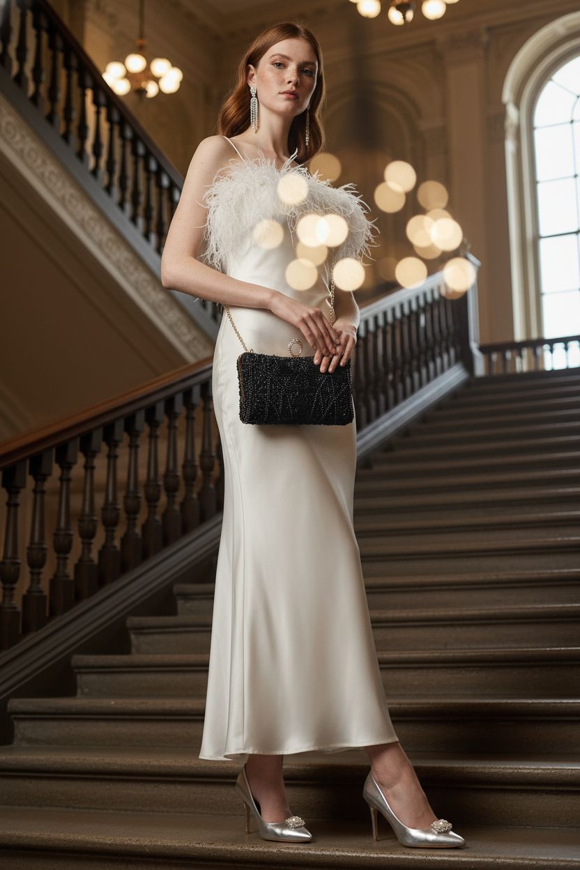 Elegant black beaded clutch by BABEYOND on a grand staircase, capturing vintage 1920s glamour.