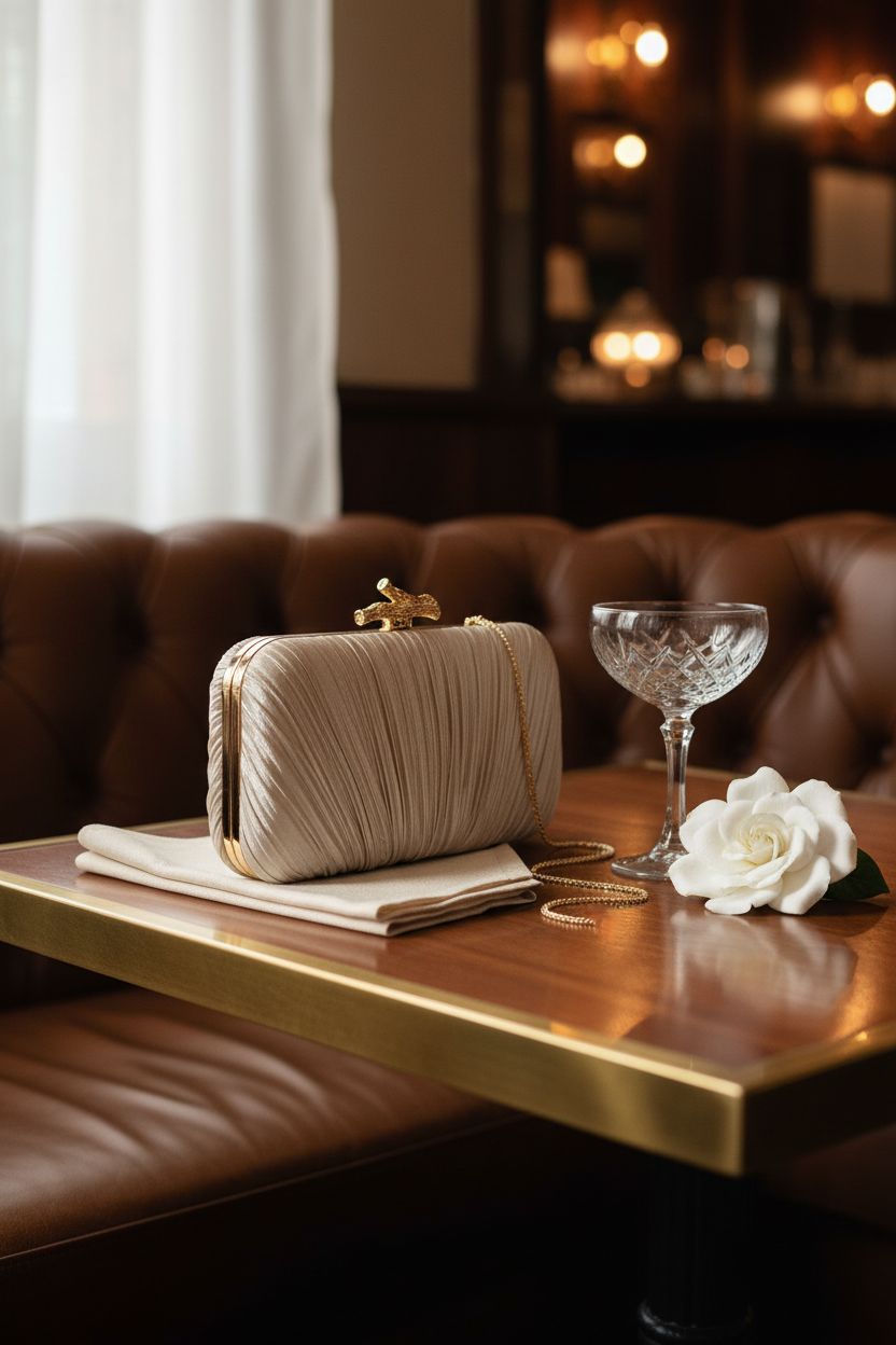 Freie Liebe champagne-gold pleated clutch on a luxurious cocktail lounge table.