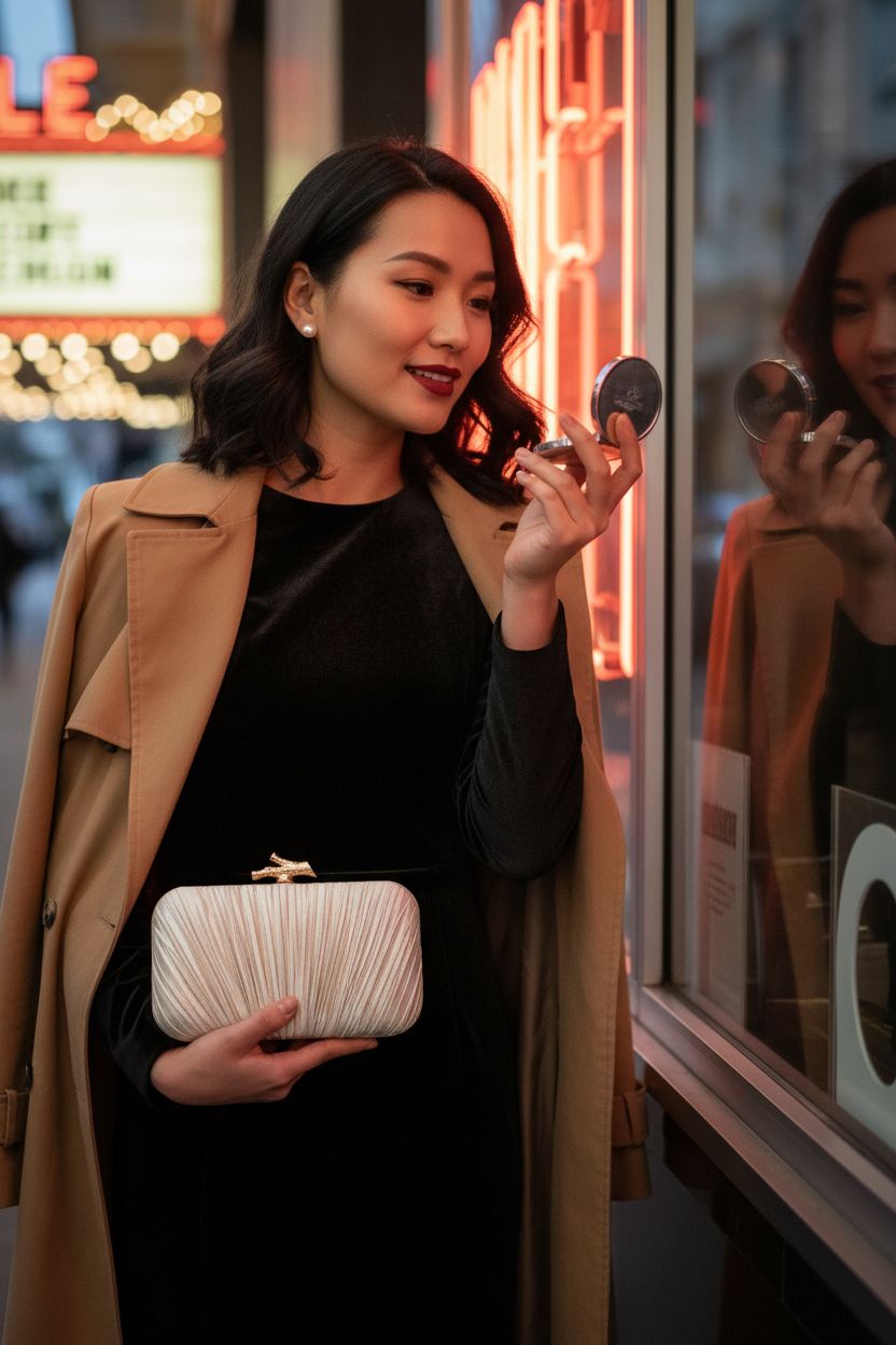 Freie Liebe vintage clutch purse in a stylish outdoor theater setting, pleated design.