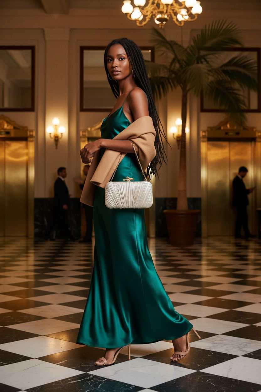 Freie Liebe clutch purse showcased in an elegant hotel lobby, ideal for formal occasions.
