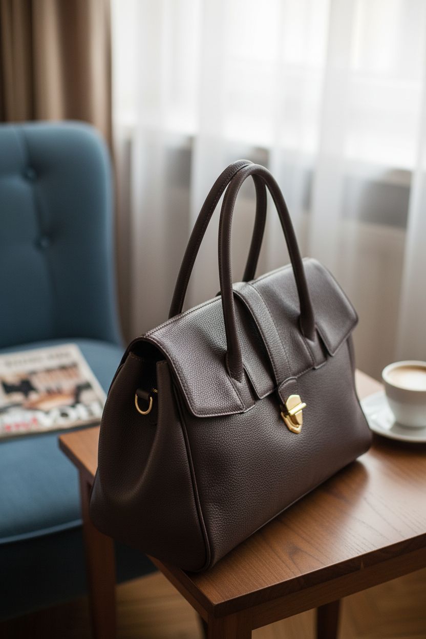 LAIQIAN vintage luxury handbag resting in cozy reading nook with latte and magazine