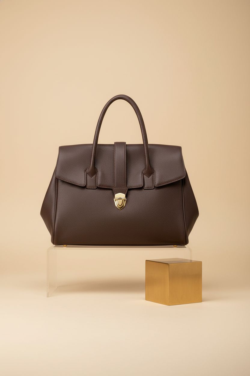 LAIQIAN faux leather tote bag showcasing pebbled texture and gold turn-lock in studio