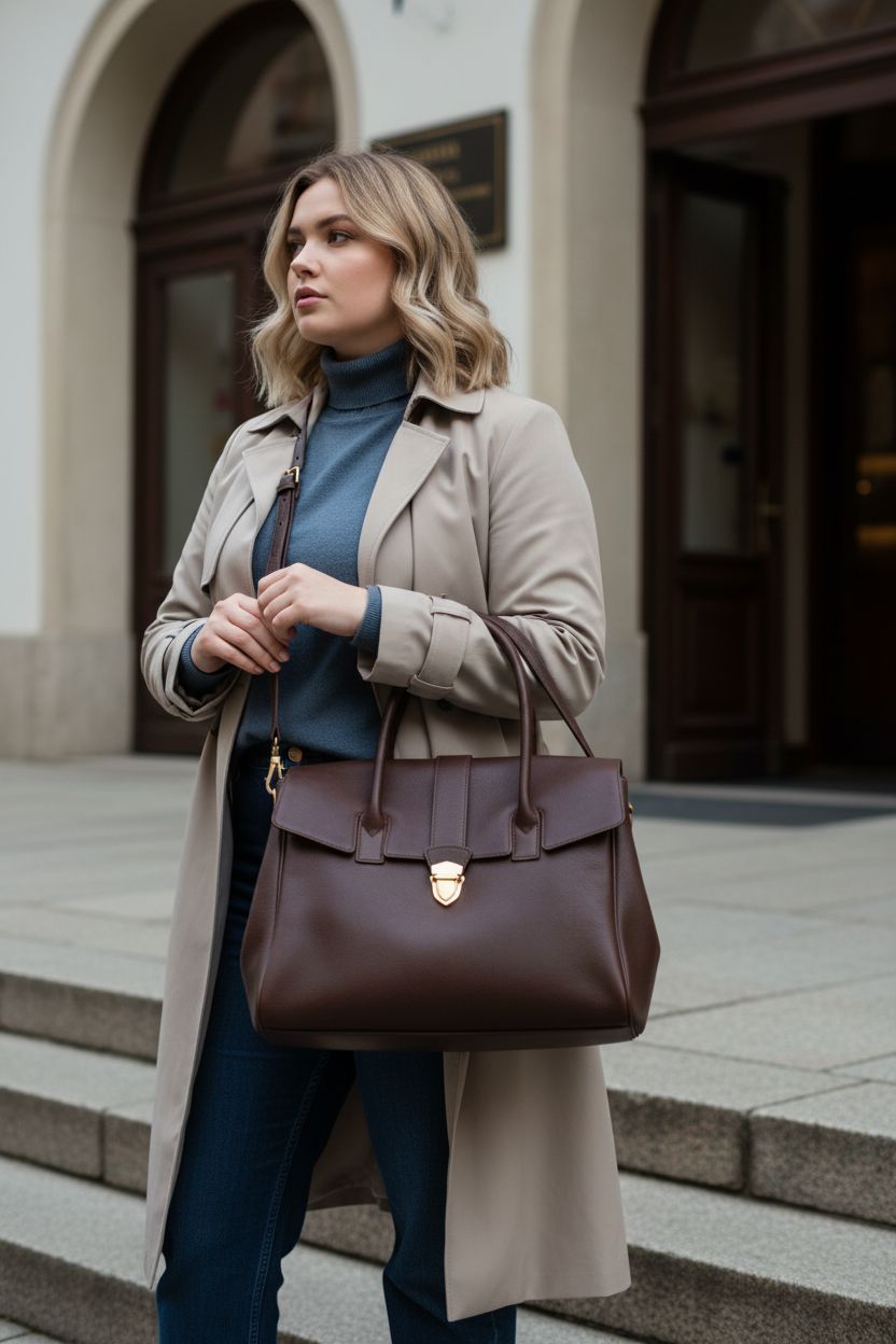 LAIQIAN vintage faux leather tote bag with gold hardware on steps outside boutique hotel