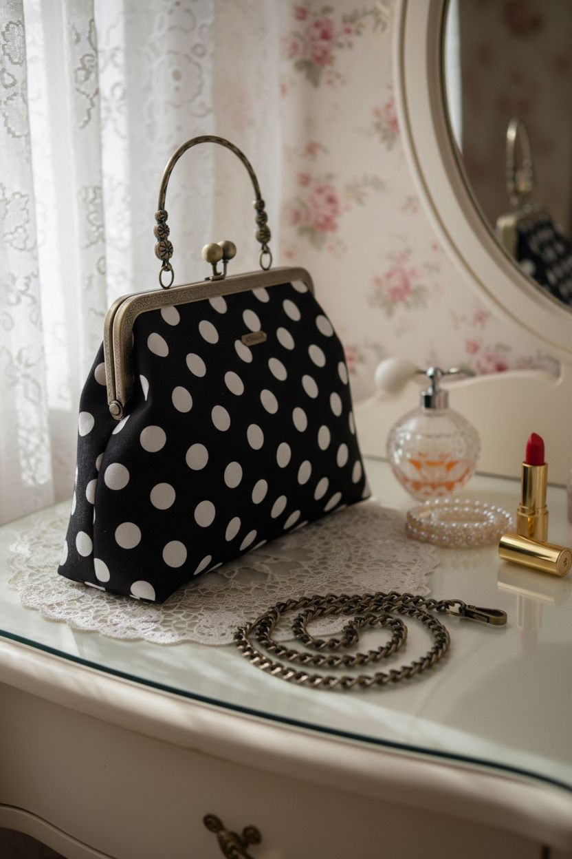 Cozy 1950s bedroom scene featuring Abuyall vintage polka dot handbag on vanity