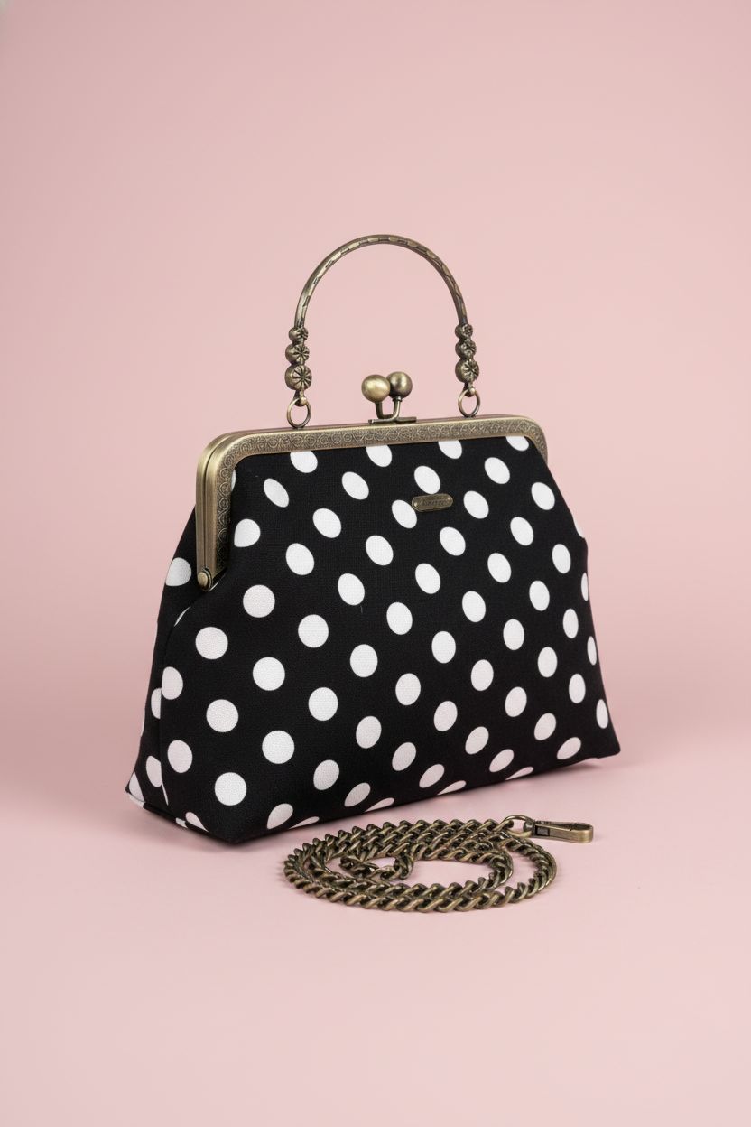 Abuyall vintage polka dot handbag on pastel background highlighting design