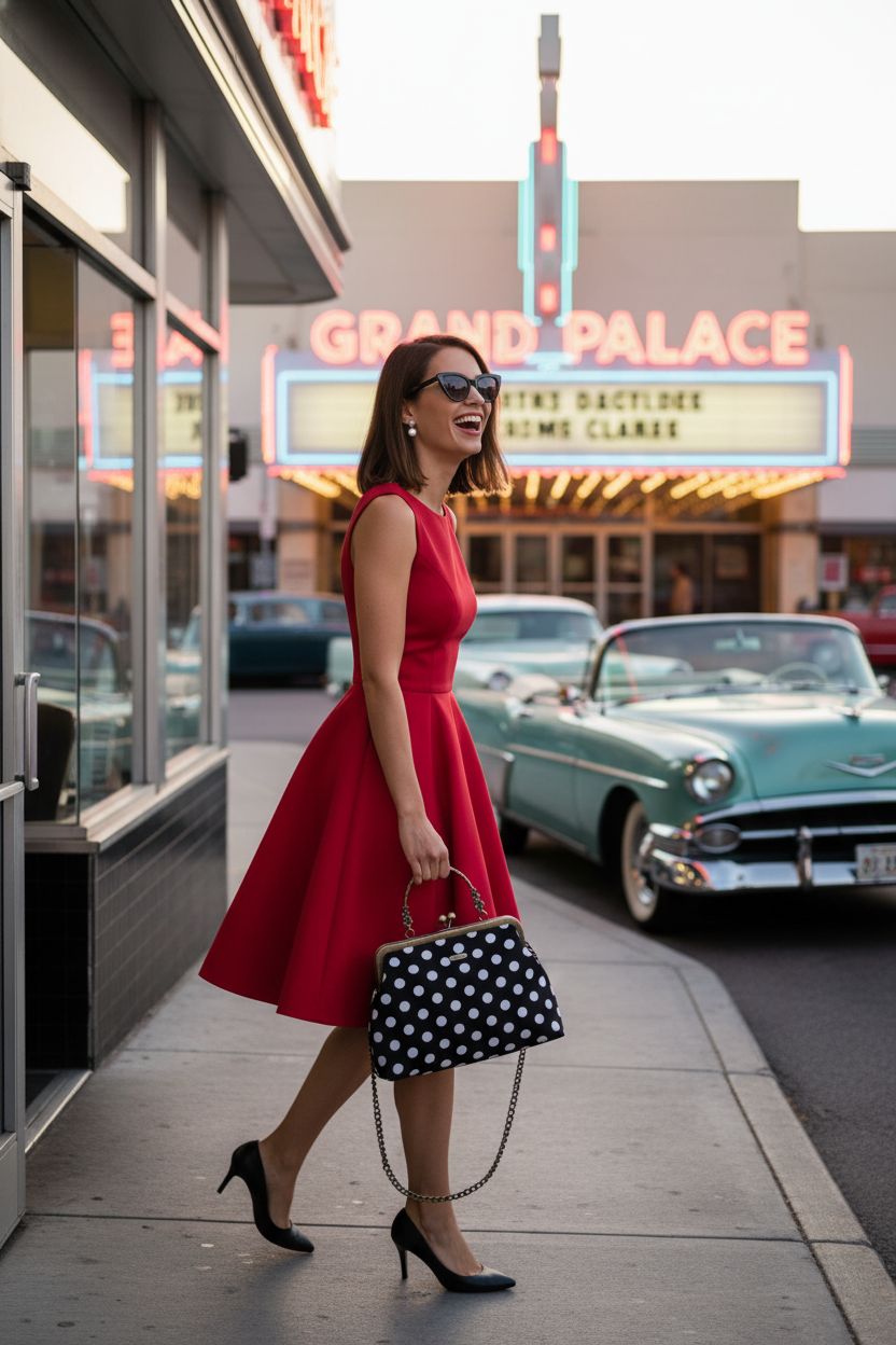 Abuyall vintage 1950s polka dot handbag in urban setting with classic cars