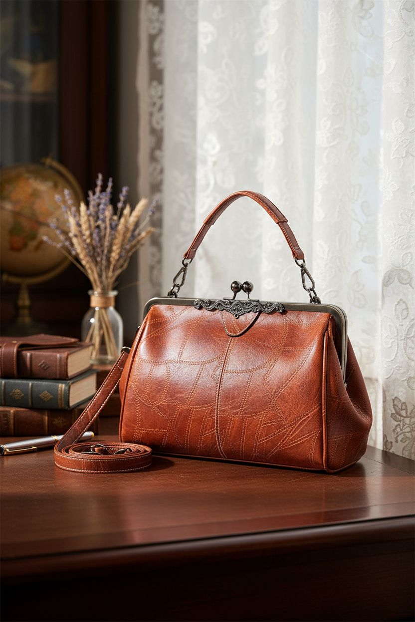 Segater vintage handbag on walnut desk, highlighting its luxurious oil-wax finish.