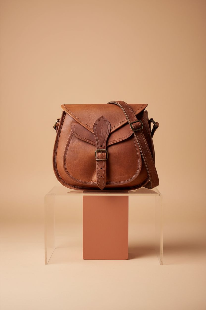 RUSTIC TOWN compact 11-inch brown leather crossbody bag displayed elegantly on a beige background.