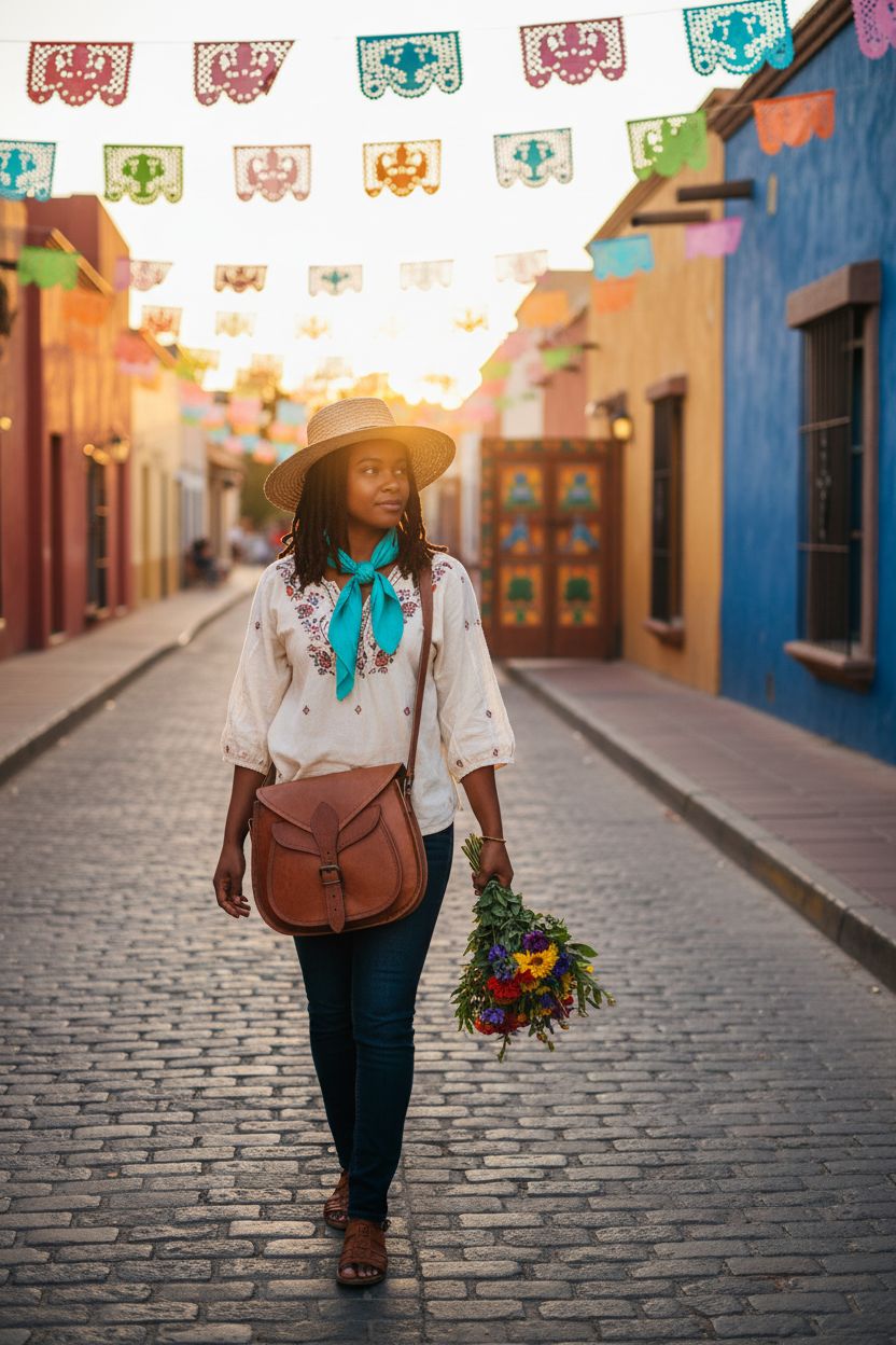RUSTIC TOWN small brown leather crossbody satchel bag against a vibrant cobblestone backdrop.
