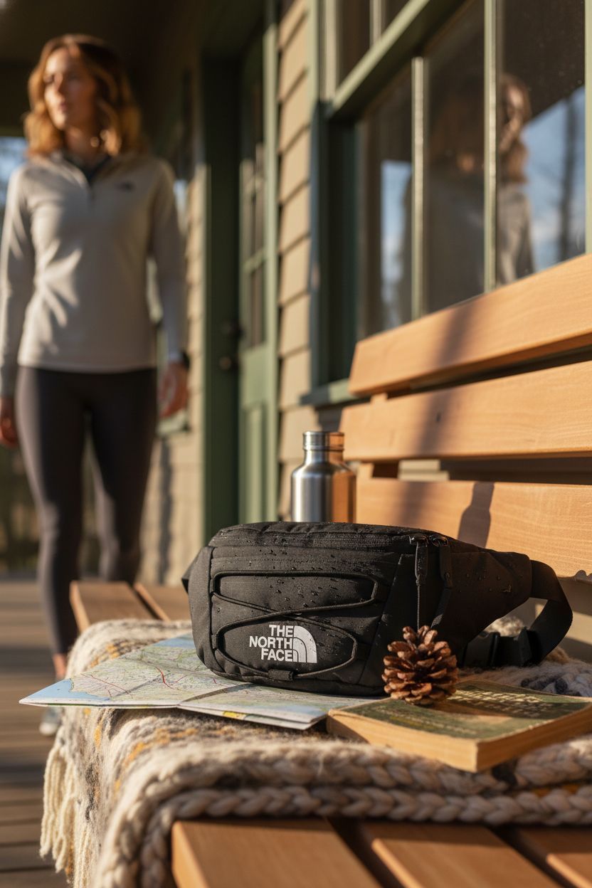 The North Face Jester Lumbar Pack on a cedar bench with hiking gear, showcasing water-repellent finish.