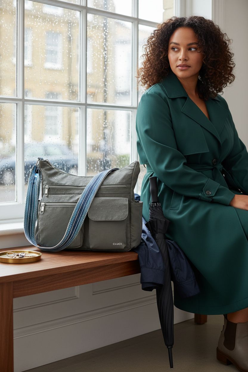 CLUCI travel purse resting beside a rain jacket on a bench, highlighting waterproof nylon and compact design.