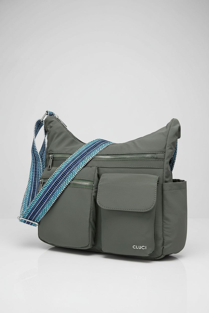 CLUCI travel purse displayed on a light gray backdrop, showcasing its sleek design and anti-theft features.