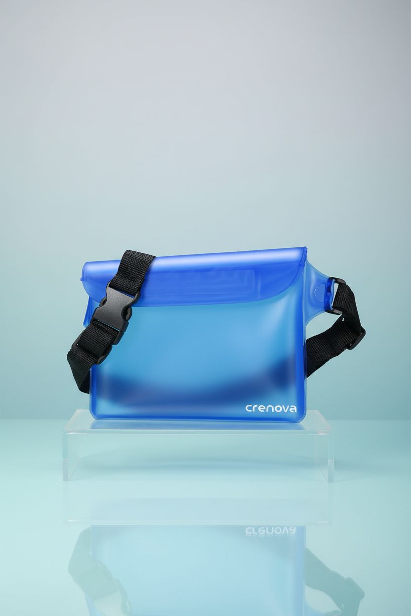 Clear blue Crenova waterproof pouch on acrylic riser, showcasing its sleek design and features