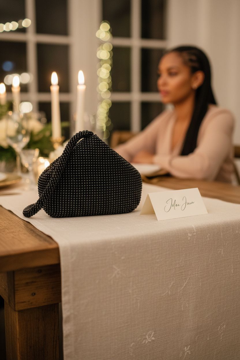 BABEYOND beaded clutch beside a place card on an elegant dinner table