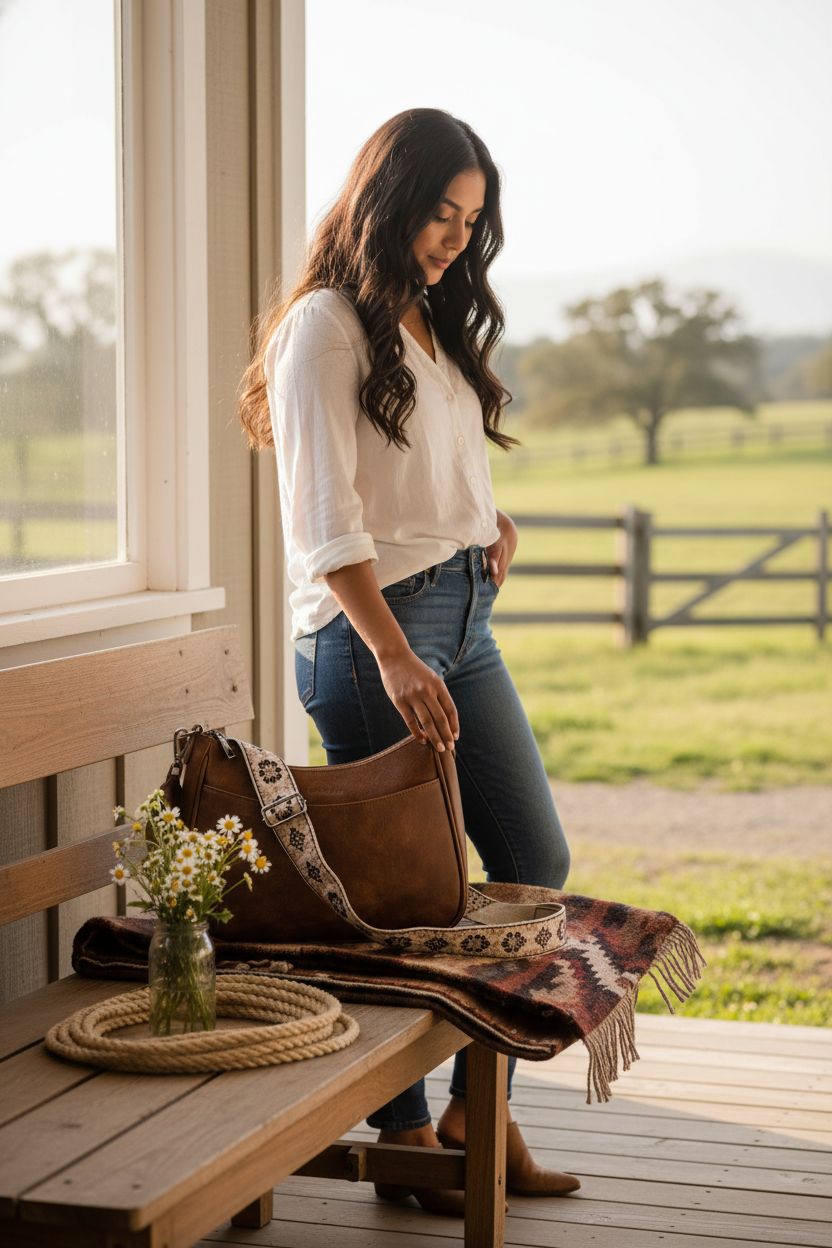 APHISON leather crossbody purse on a rustic ranch porch beside wildflowers and coiled rope.