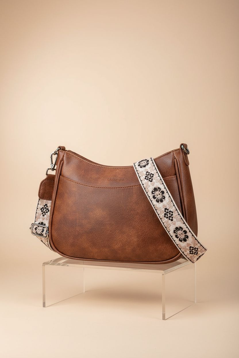 Elegant APHISON leather crossbody purse displayed on a clear riser highlighting its fine texture and design.