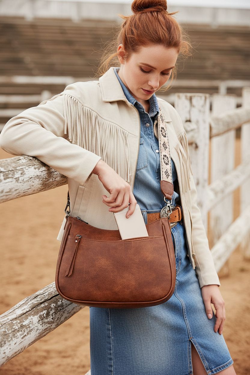 Trendy APHISON leather crossbody purse with adjustable strap on a fence rail, showcasing its magnetic pocket.
