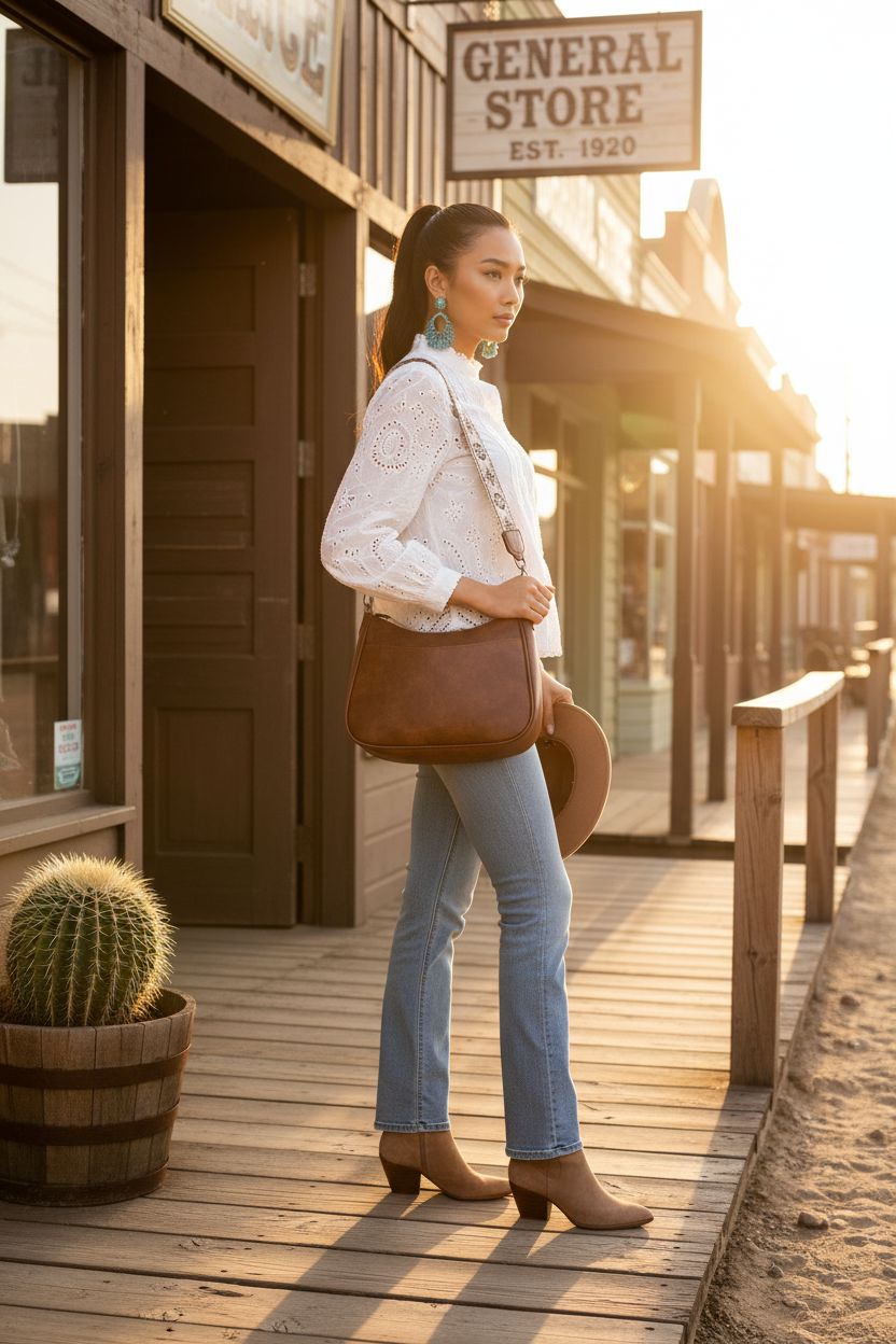 APHISON western purse with patterned strap, set against a warm golden hour street scene.