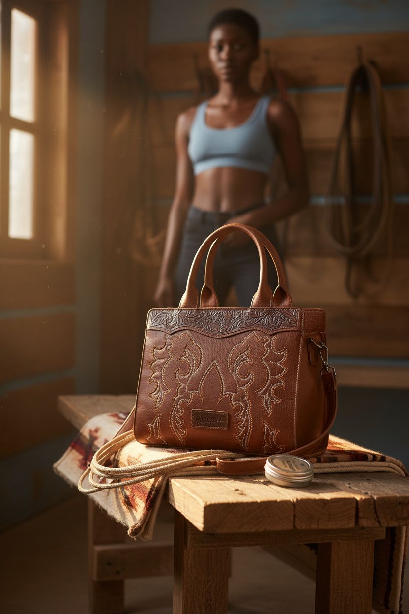 Montana West western tooled leather purse in a cozy tack-room setting with rustic elements.