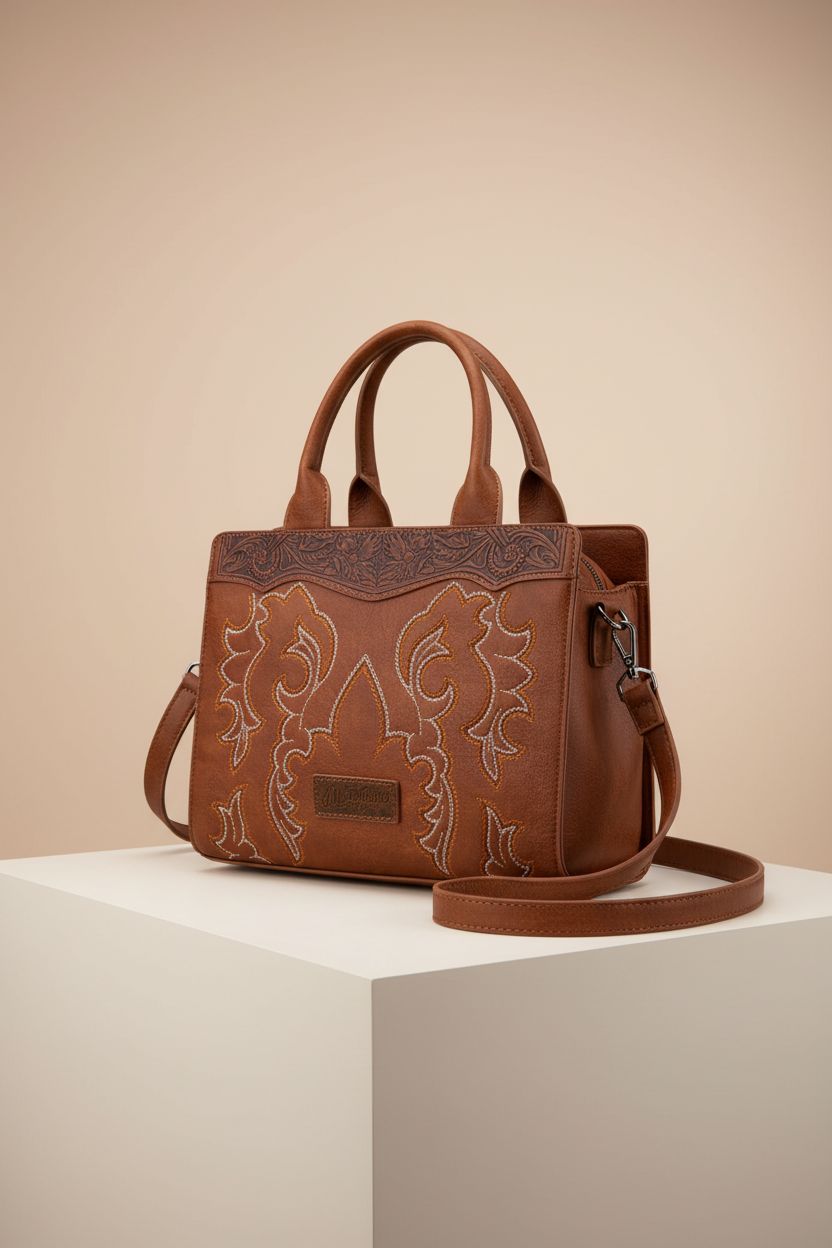 Montana West western tooled leather purse displayed in an editorial studio setting, showcasing its design.
