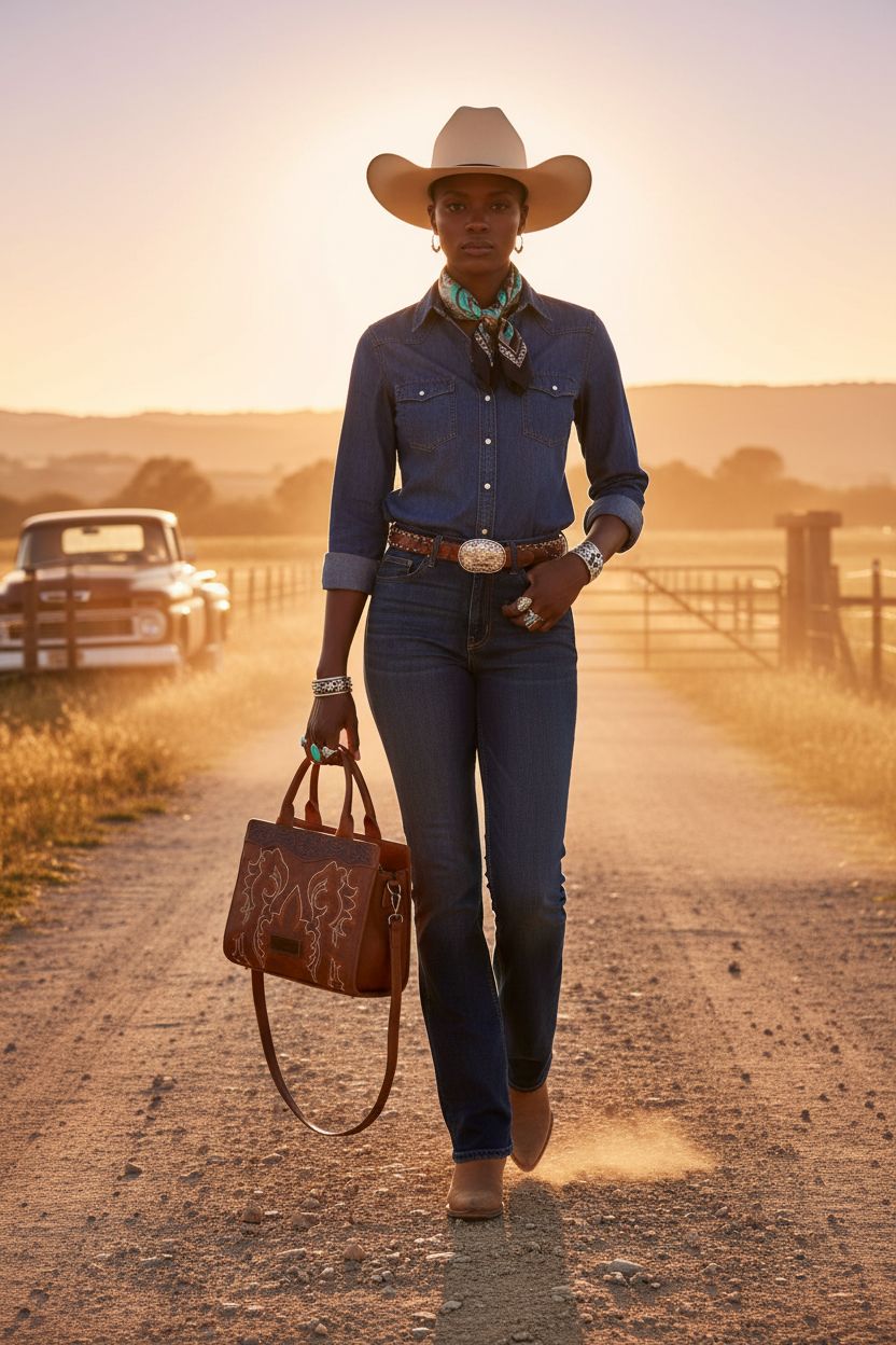 Montana West western tooled leather purse showcased during a golden-hour ranch drive.