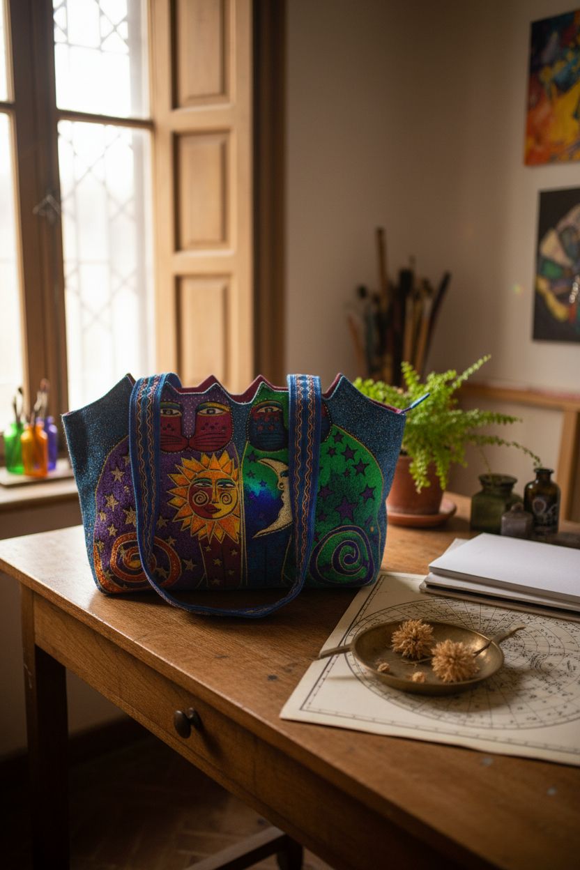 Celestial-themed Zeckos tote purse on an artist's desk, illuminated by soft sunlight, ideal for creative minds.