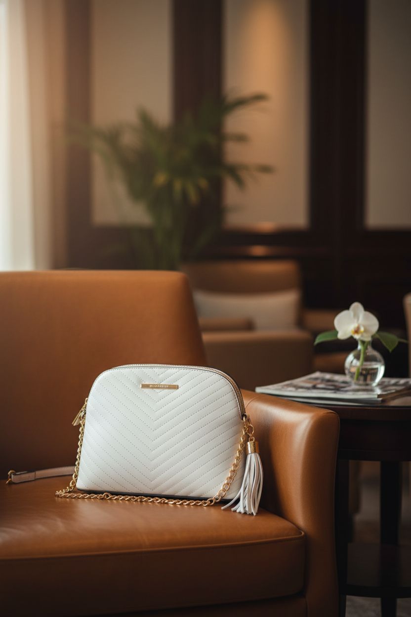 ALDO white crossbody purse resting elegantly on a leather chair in a boutique hotel