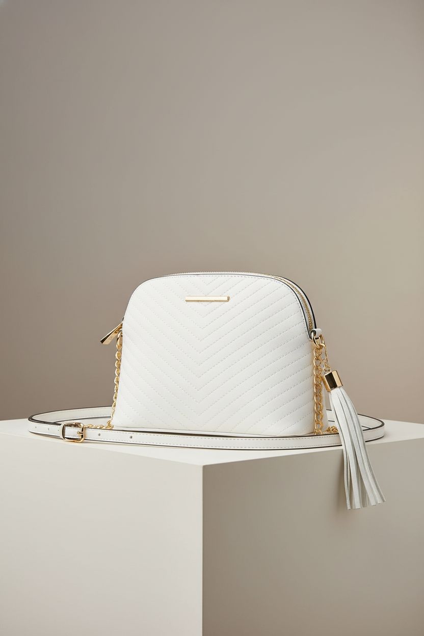 ALDO white crossbody purse displayed on a clean studio set showcasing its design