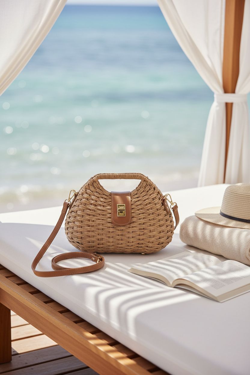 Richeart handwoven straw purse resting on a sun lounger, evoking a relaxing summer beach vibe.