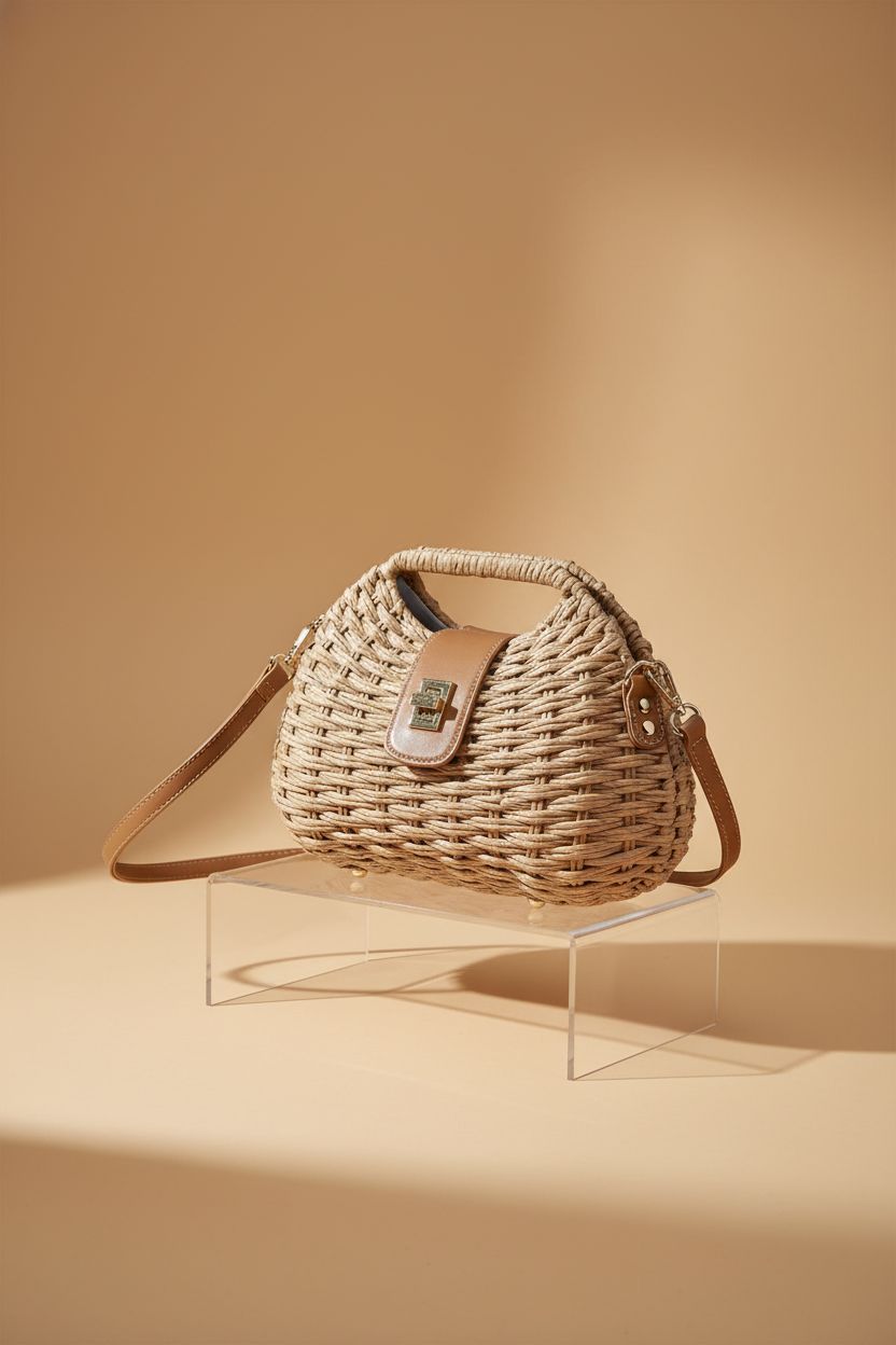 Richeart khaki wicker purse displayed in a clean studio, showcasing its elegant design and structure.