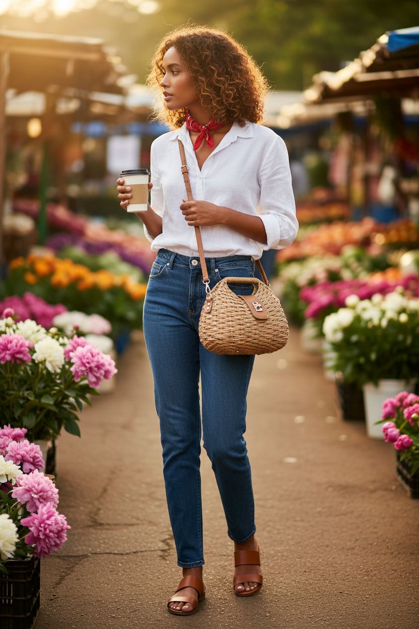 Richeart khaki wicker purse crossbody bag at a vibrant market, perfect for summer outings.