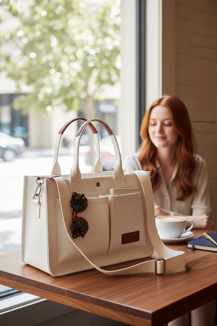 ZHMO canvas tote bag beside a latte and notebook in a cozy café, showcasing its stylish design