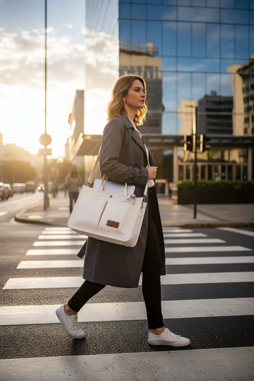 ZHMO canvas tote bag for women, white, worn crossbody with a laptop and water bottle, perfect for work