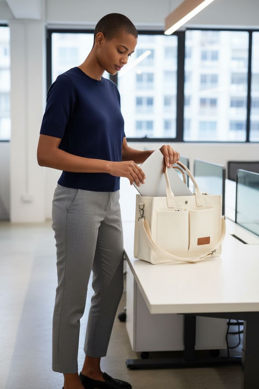 ZHMO white canvas tote bag showing compartments with a laptop being stored, ideal for professionals