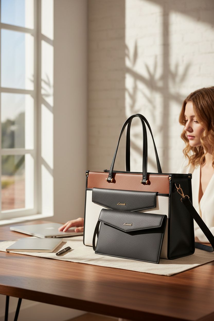 LOVEVOOK Laptop Tote and clutch on walnut desk in home office setting