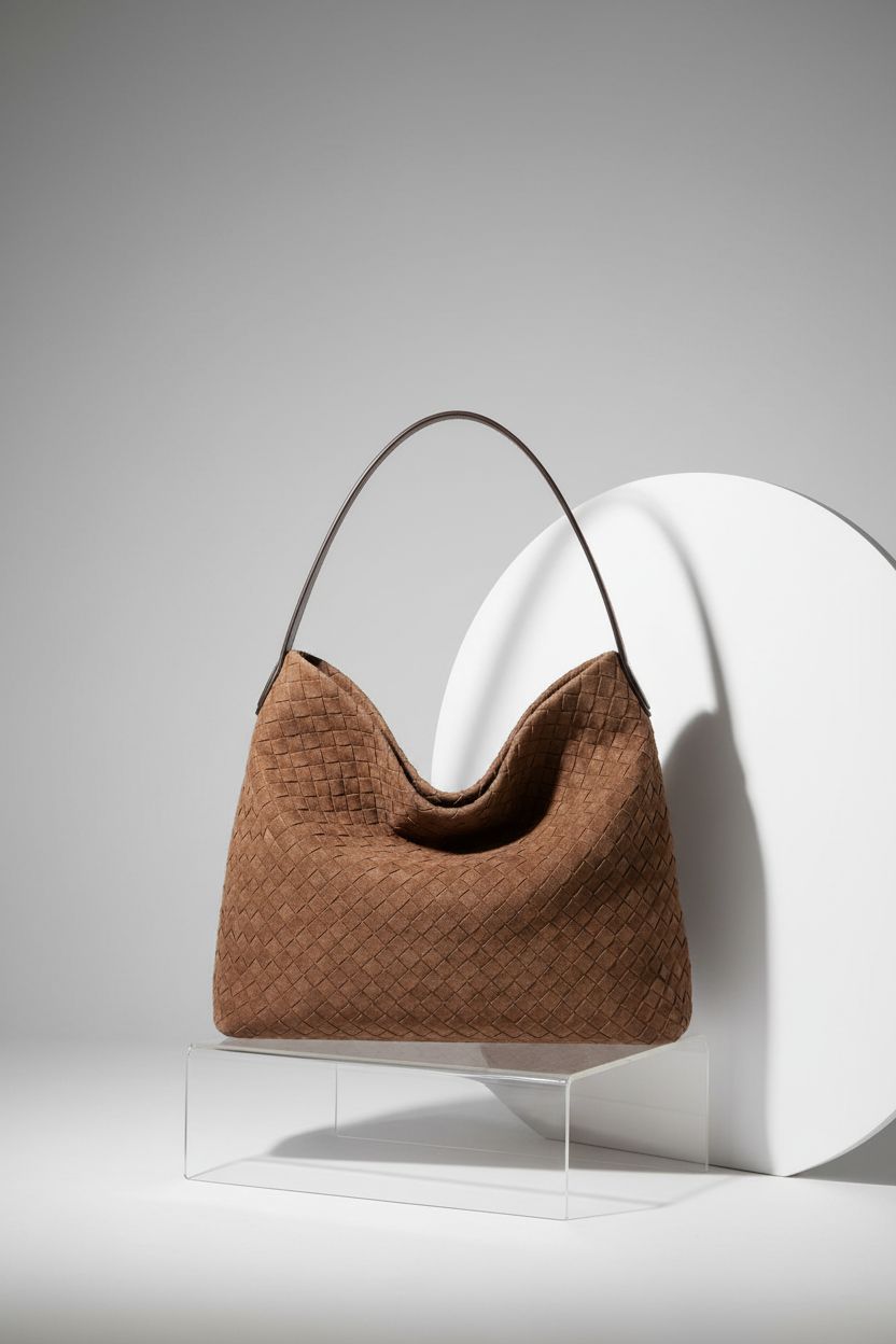 Close-up of Molodo's woven suede hobo bag highlighting craftsmanship and texture.