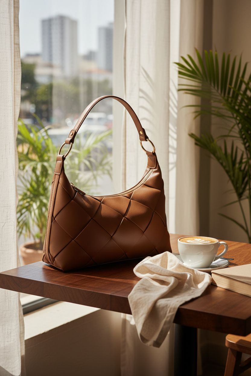 Cozy scene with BOSTANTEN woven leather purse next to cappuccino in a café, showcasing its warm brown color.