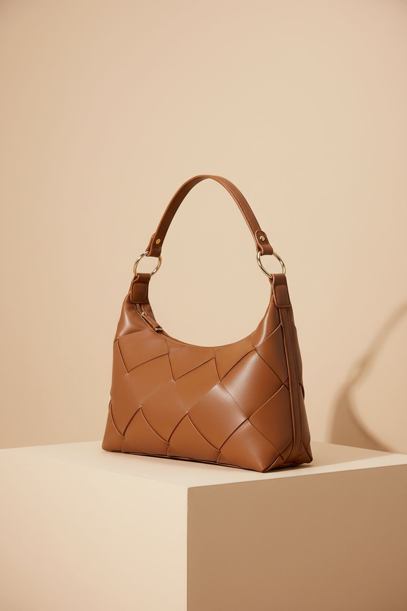 BOSTANTEN large woven leather purse displayed on a clean studio set, highlighting its rich brown color and gold hardware.