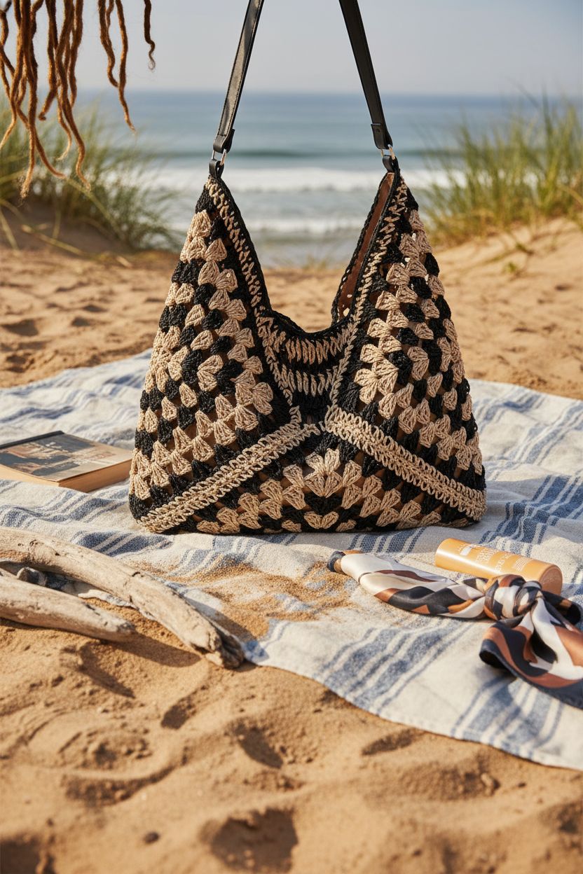 Orgone woven summer bag on a blanket with a book and sunscreen, in a serene beach setting.