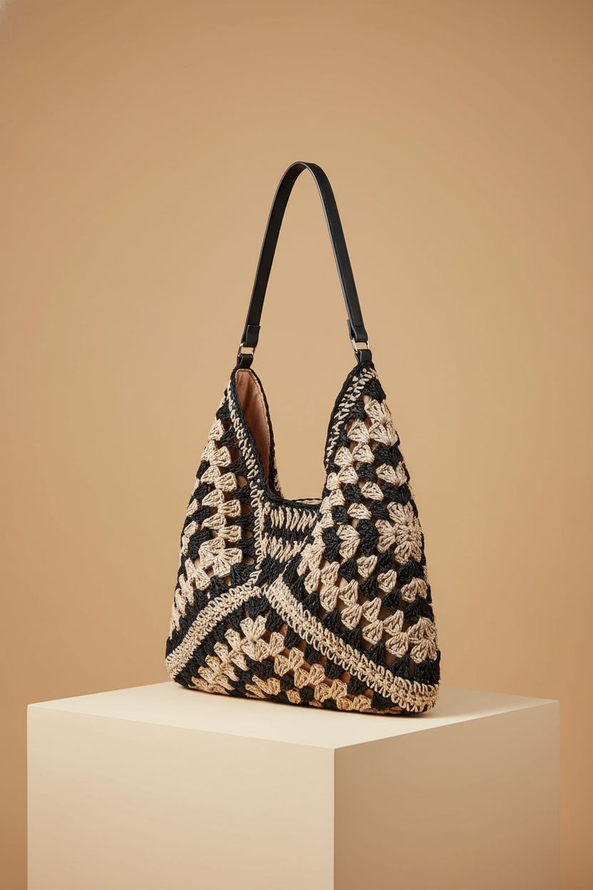 Orgone crochet tote displayed on a minimal setting, showcasing its intricate woven design.