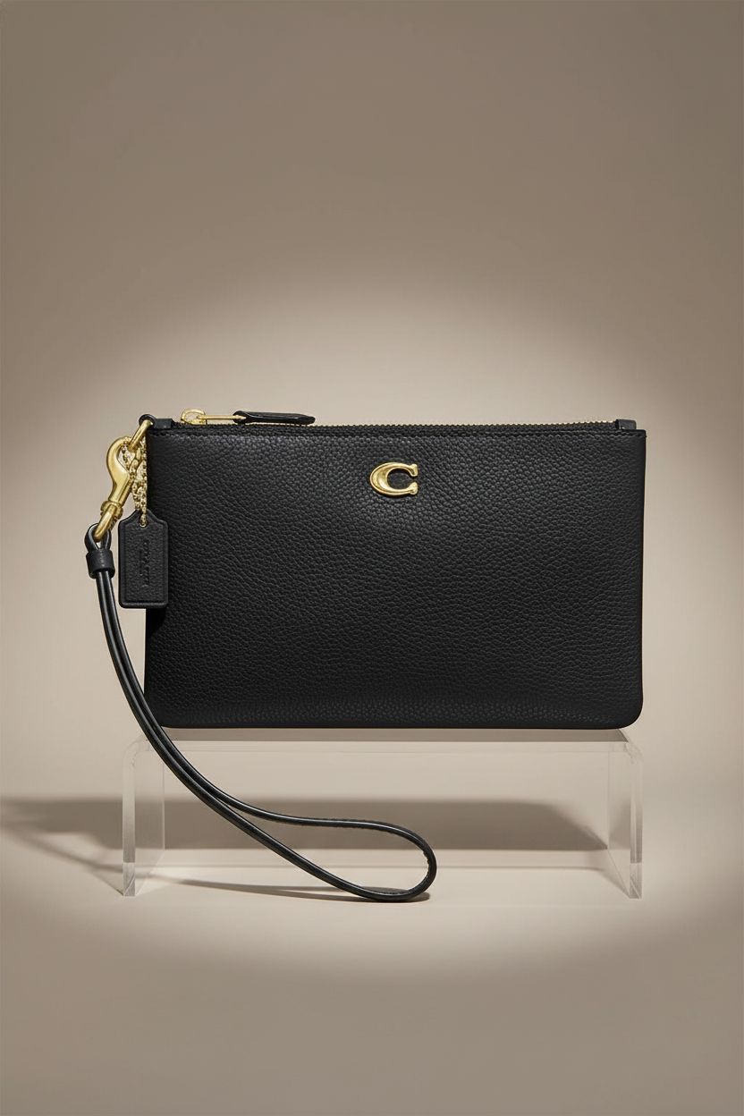 Close-up of the Coach Polished Pebble Small Wristlet, emphasizing its quality and craftsmanship.