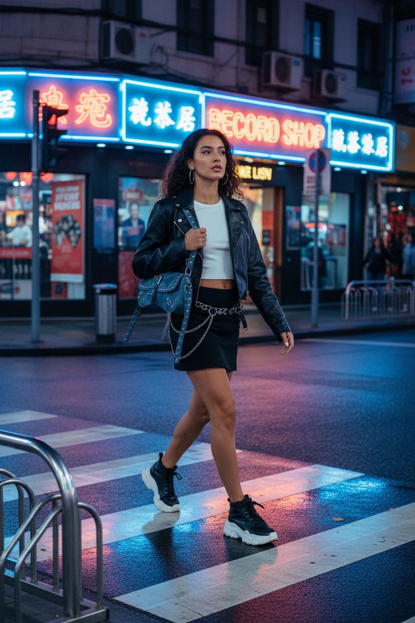 MakeMeChic Y2K shoulder bag in washed blue, styled with a chic outfit against neon lights