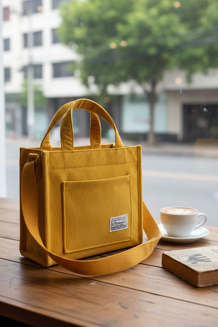 Cozy scene with REDSINDA yellow bag on table with cappuccino and book