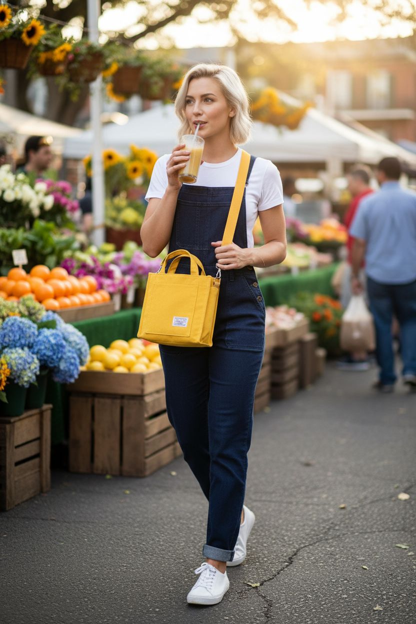 REDSINDA yellow crossbody bag at farmers market with flowers