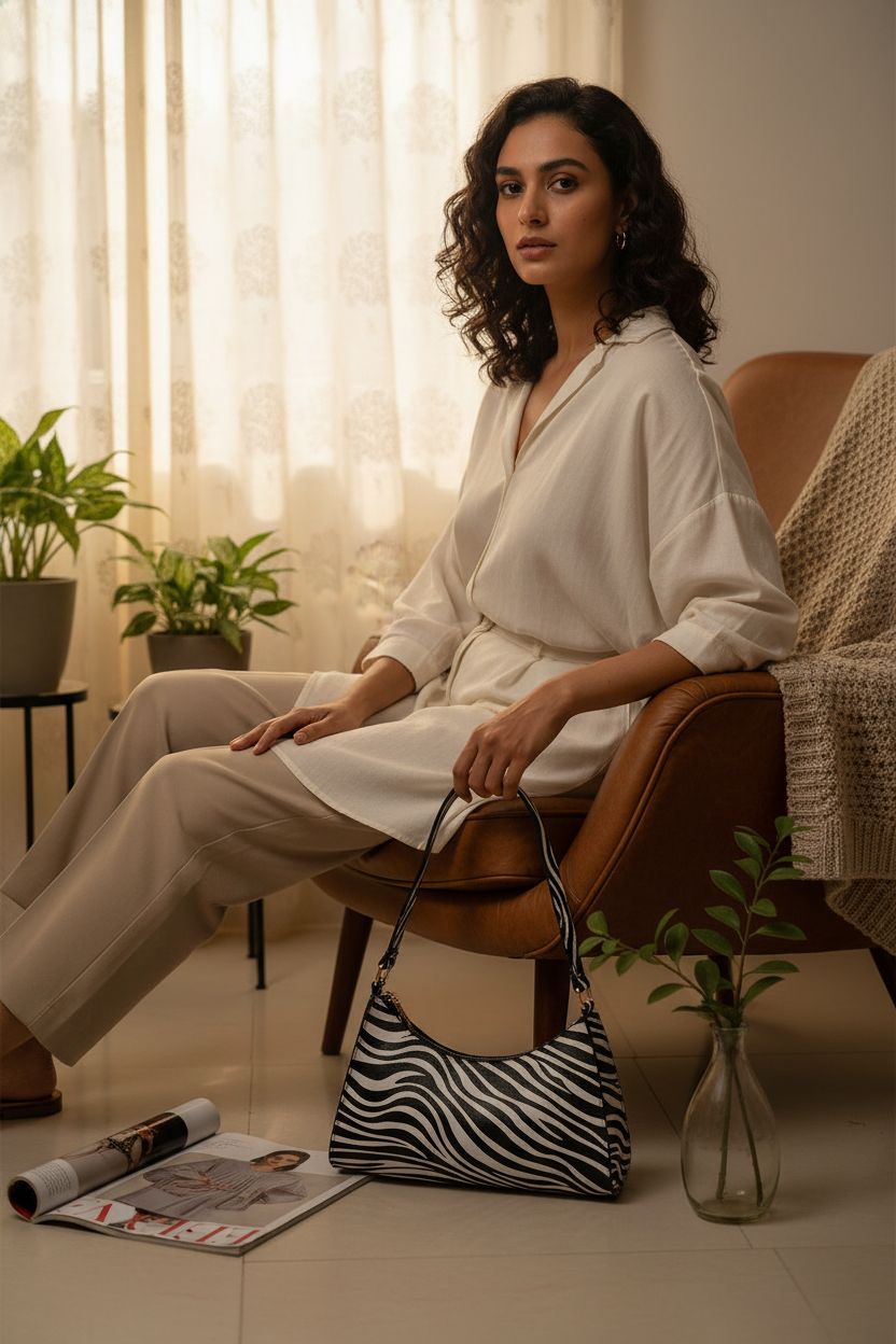 YLYSLFC zebra print purse resting beside a magazine in a cozy living room, showcasing its retro charm.